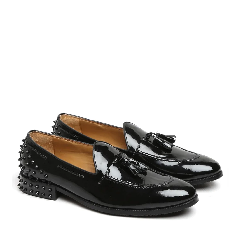 Unisex leather shoes polished brown-Black Patent Leather Black Studded Back Side Lacing Tassel Loafers By Brune & Bareskin