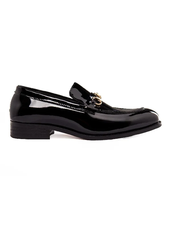 Unisex leather shoes formal white-BLACK PATENT LEATHER GOLD BUCKLE LOAFERS