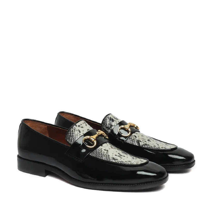 Unisex leather shoes premium suede-Horse-bit Buckled Slip-On Shoes With Snake Print Leather at Vamp in Black Patent Leather