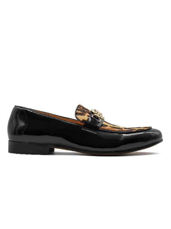 Unisex leather shoes formal black-BLACK PATENT LEATHER LEOPARD PRINT LOAFERS