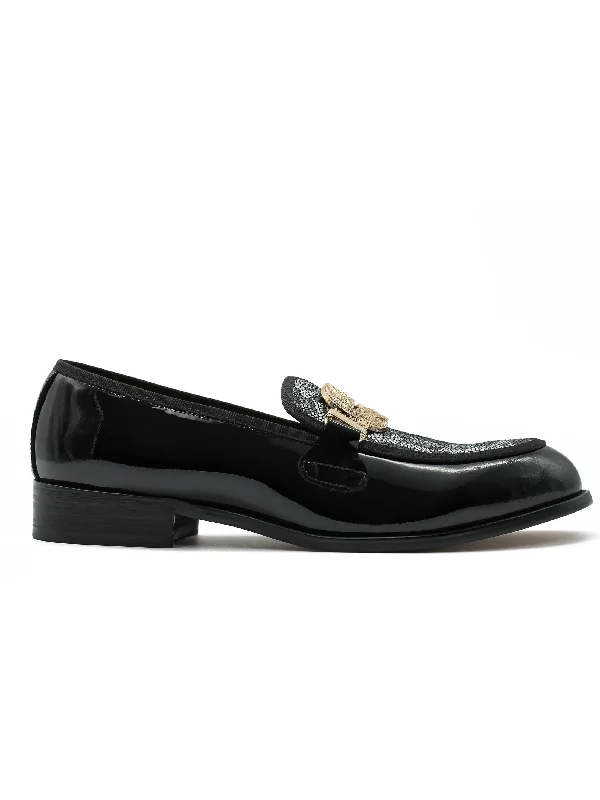 Unisex leather shoes formal tan-BLACK PATENT LEATHER LOAFERS GOLD BUCKLE