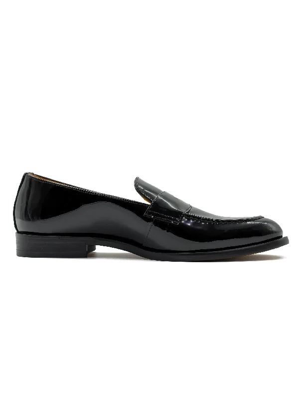 Unisex leather shoes soft navy-BLACK PATENT LEATHER PENNY LOAFER