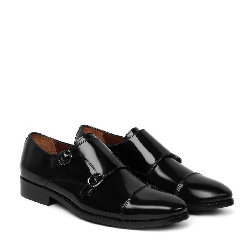 Unisex leather shoes versatile navy-Black Patent Leather Rounded Cap Toe Double Monk Strap Formal Shoes By Brune & Bareskin