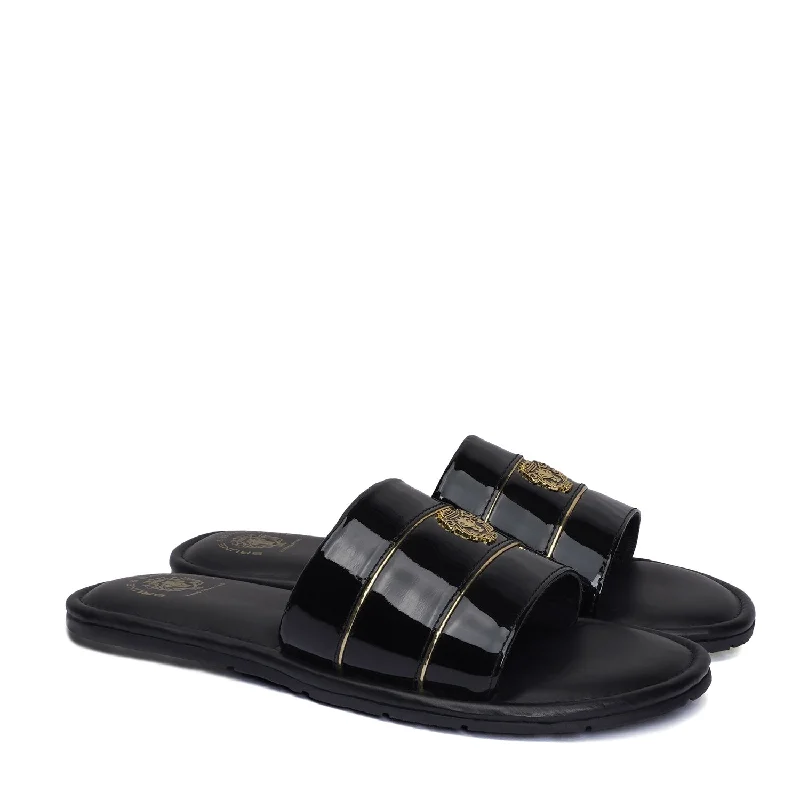 Unisex leather shoes durable black-Black Patent Leather Slide-In-Slippers with Signature Metal Lion