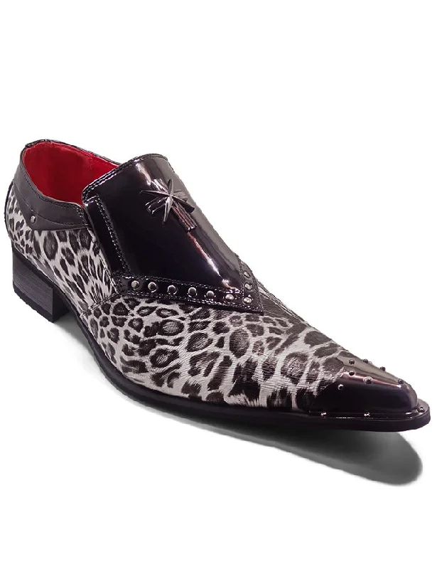 Unisex leather shoes durable navy-BLACK PATENT LEOPARD PRINT LOAFER METAL TOE CAP