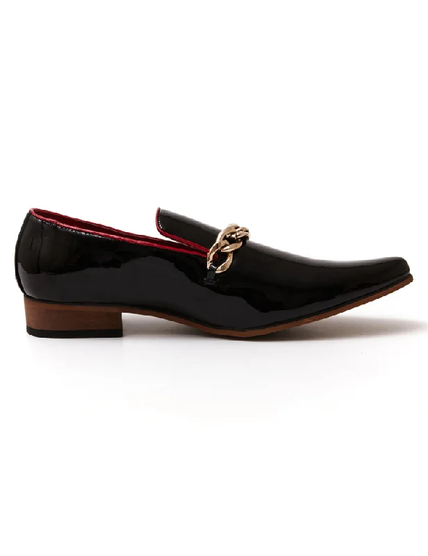 Unisex leather shoes durable navy-BLACK PATENT LOAFERS WITH GOLD CHAIN