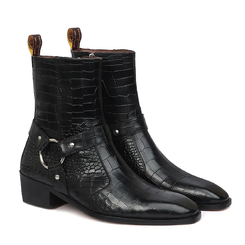 Unisex leather shoes sleek navy-Black Cuban Heel Boots with Stylish Buckle Strap in Cut Croco Textured Leather