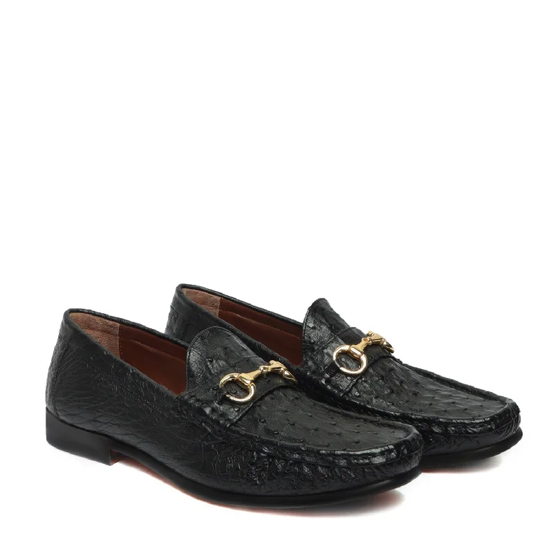 Unisex leather shoes stylish white-Ultra Light-Weight Horse-bit Loafer in Black Premium Authentic Ostrich Leather