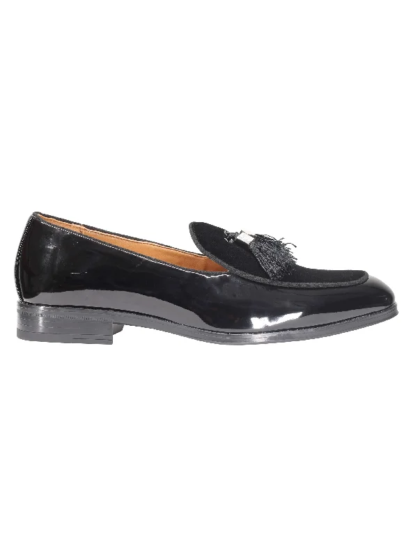 Unisex leather shoes versatile white-BLACK SHINY FAUX LEATHER TASSEL LOAFERS