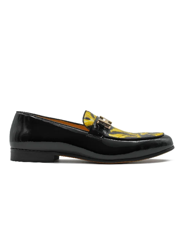 Unisex leather shoes soft cushion-BLACK SHINY GOLD BUCKLE LEATHER LOAFERS