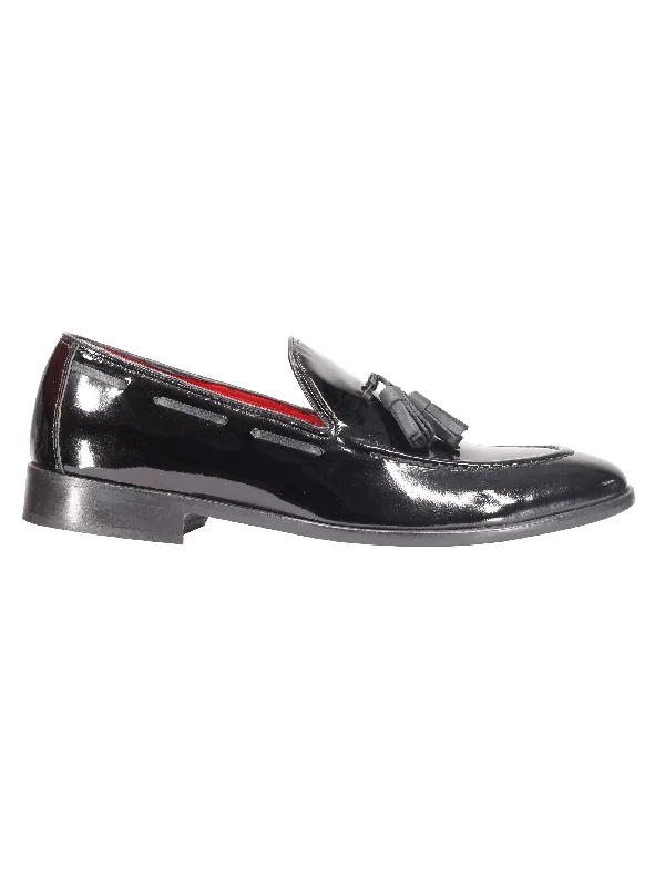 Unisex leather shoes polished brown-BLACK SHINY LEATHER TASSEL LOAFERS