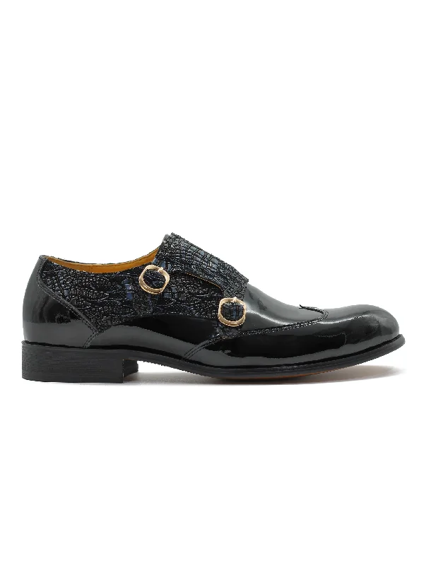 Unisex leather shoes premium tan-BLACK SHINY PRINTED DOUBLE MONK SHOES