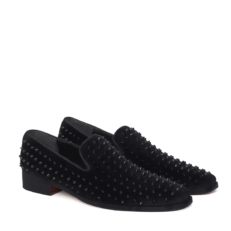 Unisex leather shoes sleek tan-Black Studded Sleek Toe Italian Velvet Loafer For Men by Brune & Bareskin