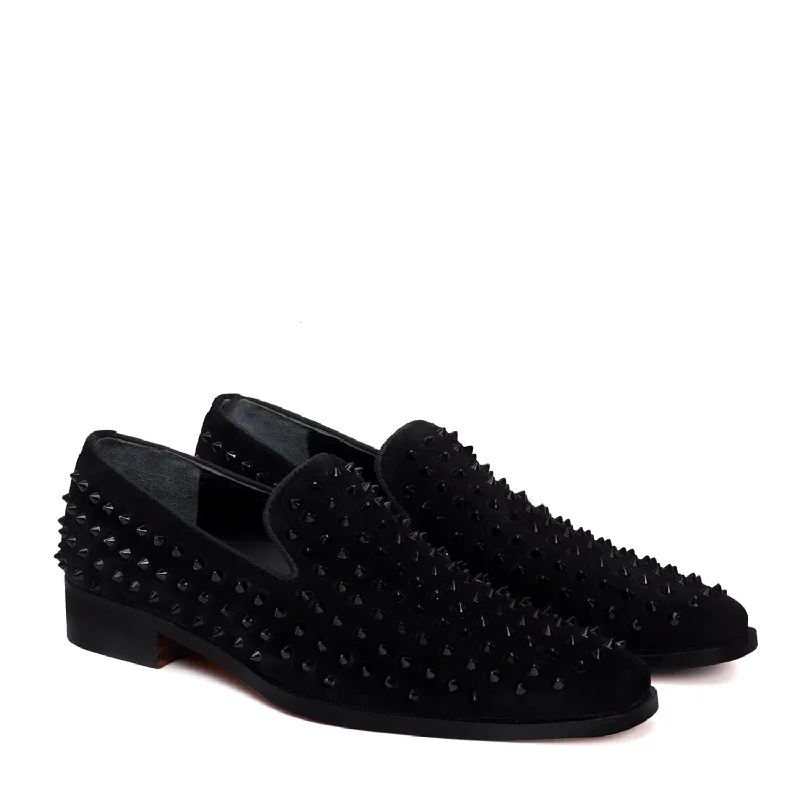 Unisex leather shoes polished navy-Black Studded Sleek Toe Loafer in Suede Leather