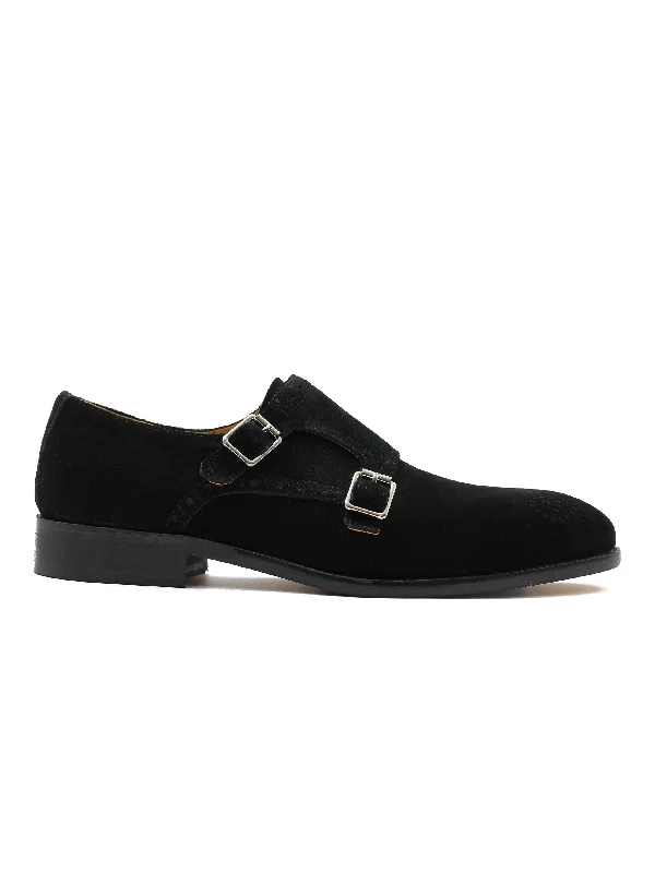 Unisex leather shoes sleek brown-BLACK SUEDE DOUBLE MONK SHOES