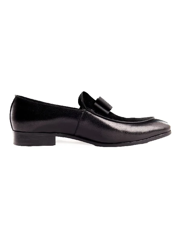 Unisex leather shoes sleek tan-BLACK SUEDE & LEATHER BOW TIE LOAFERS