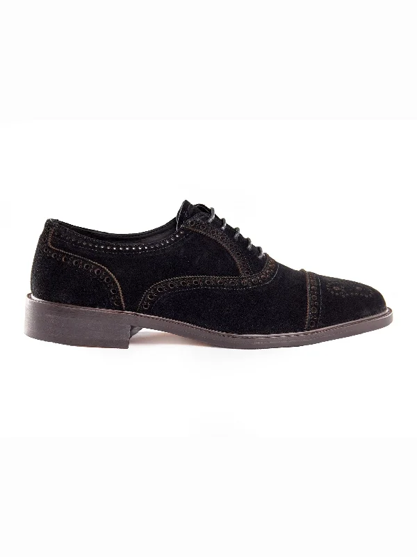 Unisex leather shoes polished gray-BLACK SUEDE LEATHER BROGUE SHOES