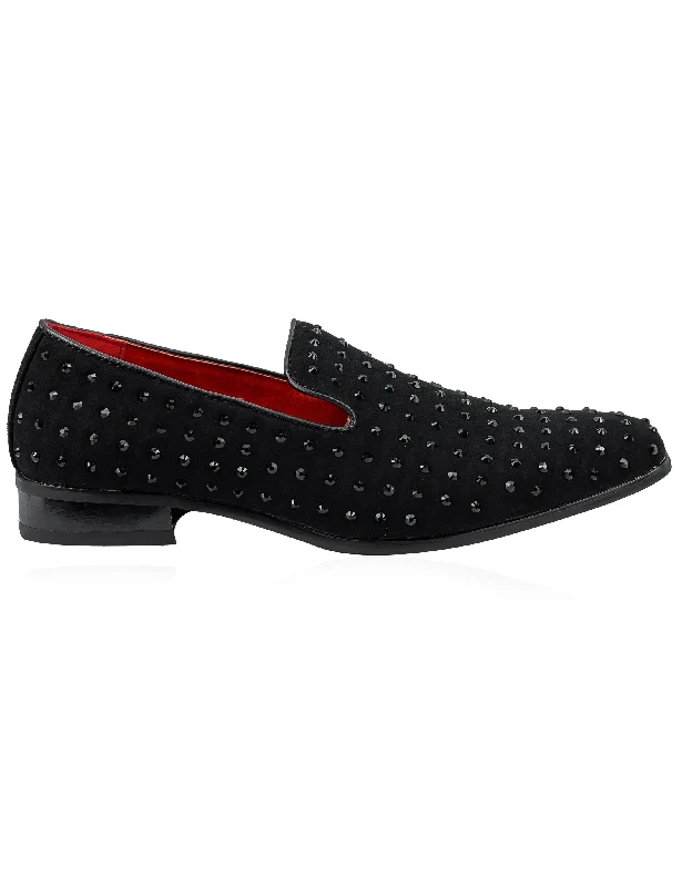 Unisex leather shoes sleek navy-BLACK SUEDE LEATHER LINED GLITTER STUD LOAFERS