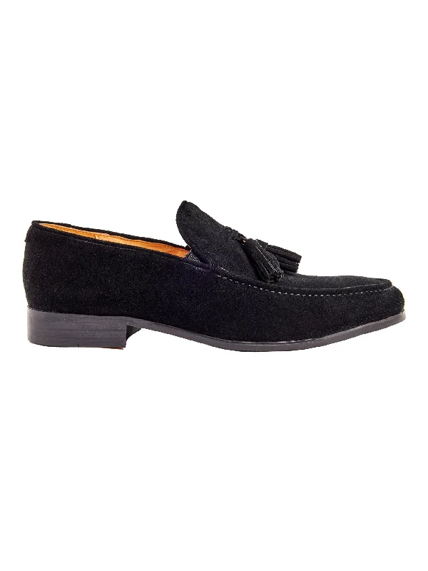 Unisex leather shoes stylish tan-BLACK SUEDE LEATHER TASSEL LOAFERS