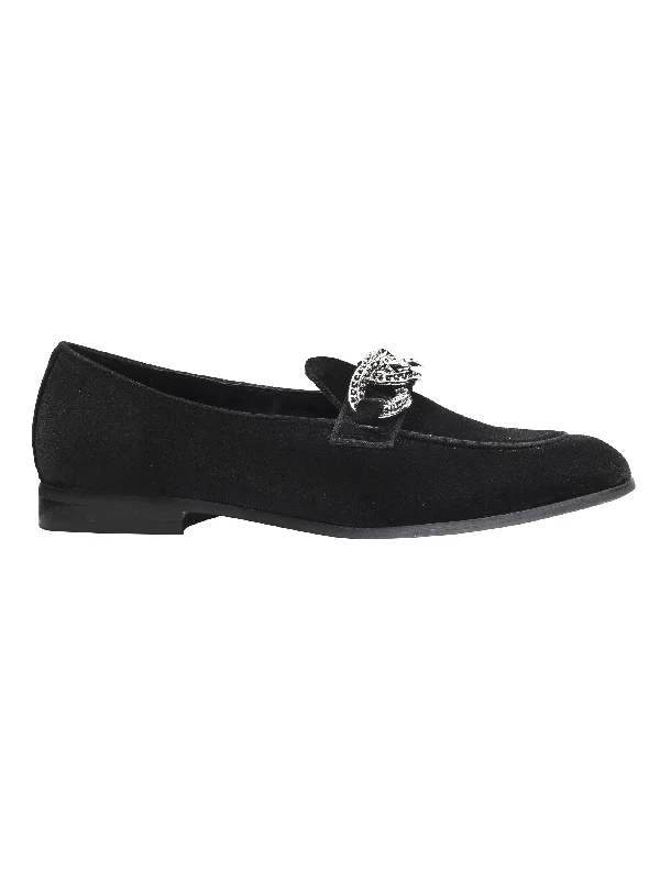 Unisex leather shoes premium black-BLACK VELVET LOAFERS WITH DIAMOND CHAIN BUCKLE