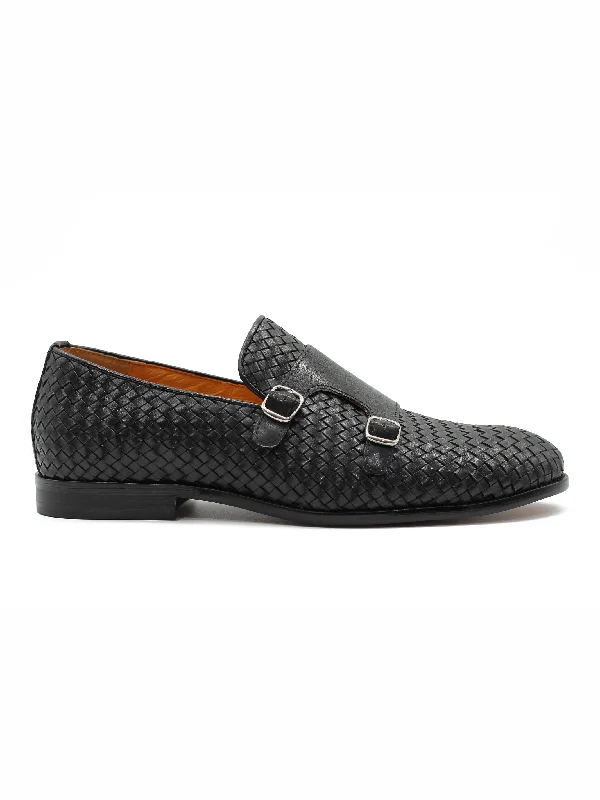 Unisex leather shoes versatile black-BLACK WOVEN LEATHER DOUBLE MONK SHOES