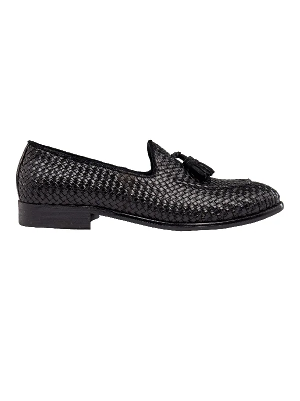 Unisex leather shoes stylish white-BLACK WOVEN LEATHER TASSEL LOAFER