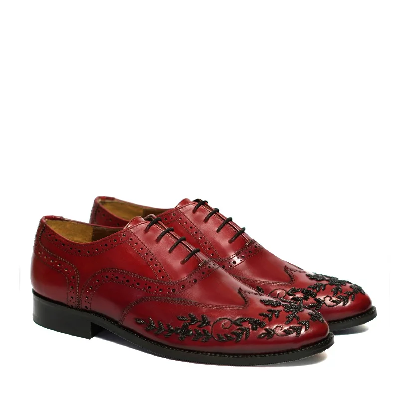 Unisex leather shoes durable tan-Red Leather Formal Lace-Up Shoes  Black Zardosi Wingtip Toe by Brune & Bareskin