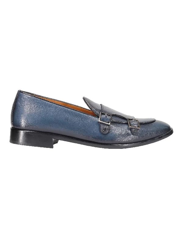 Unisex leather shoes premium tan-Blue Calf Leather Double Monk Loafers