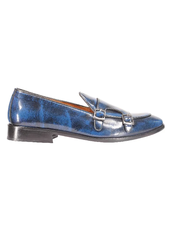 Unisex leather shoes lightweight gray-Blue Patent Leather Double Monk Shoes