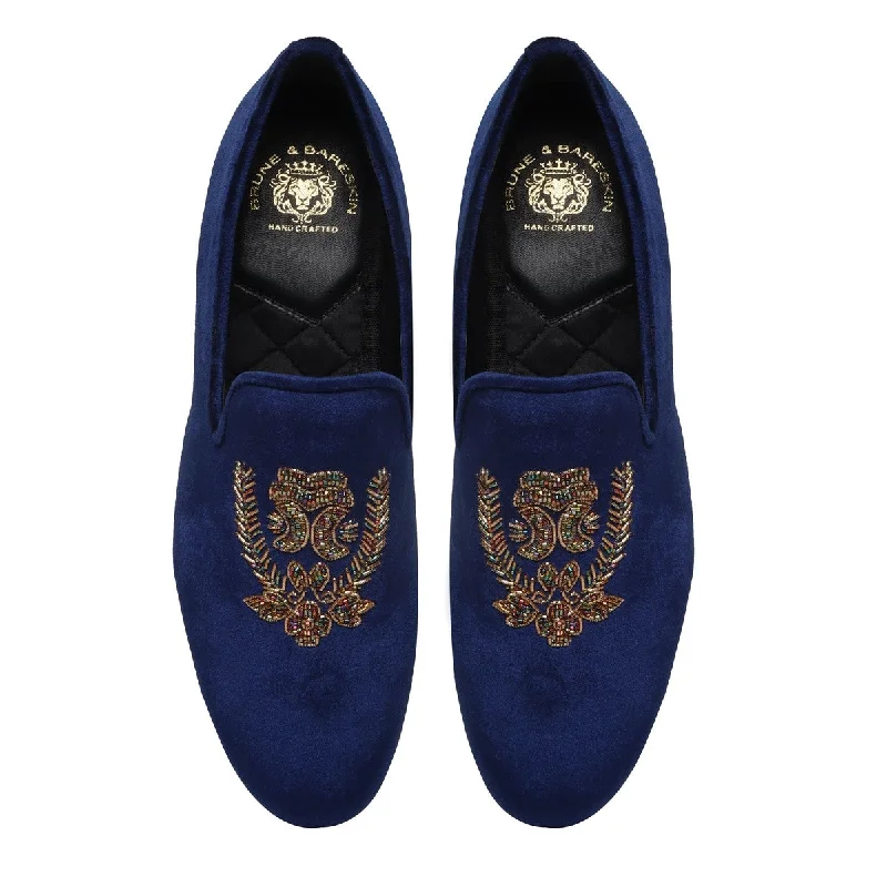 Unisex leather shoes breathable navy-Blue Italian Velvet Slip-on with Multi Colored Floral Zardosi By BRUNE & BARESKIN