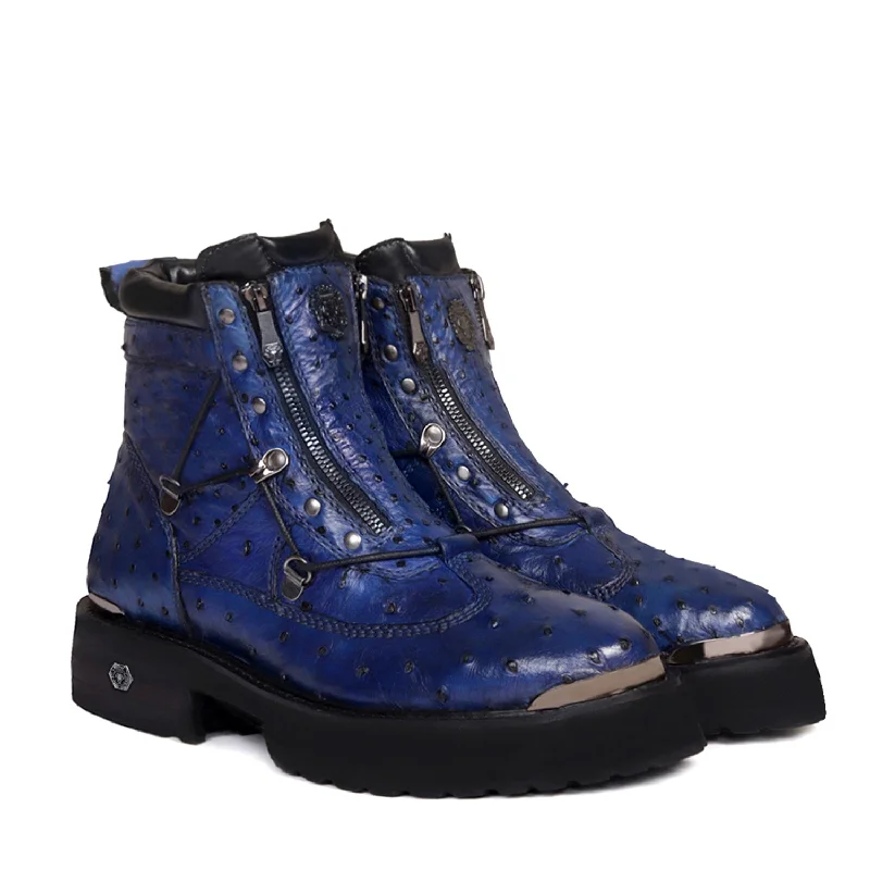 Unisex leather shoes office black-Chunky Boot in Real Ostrich Blue Leather With Metal Plate