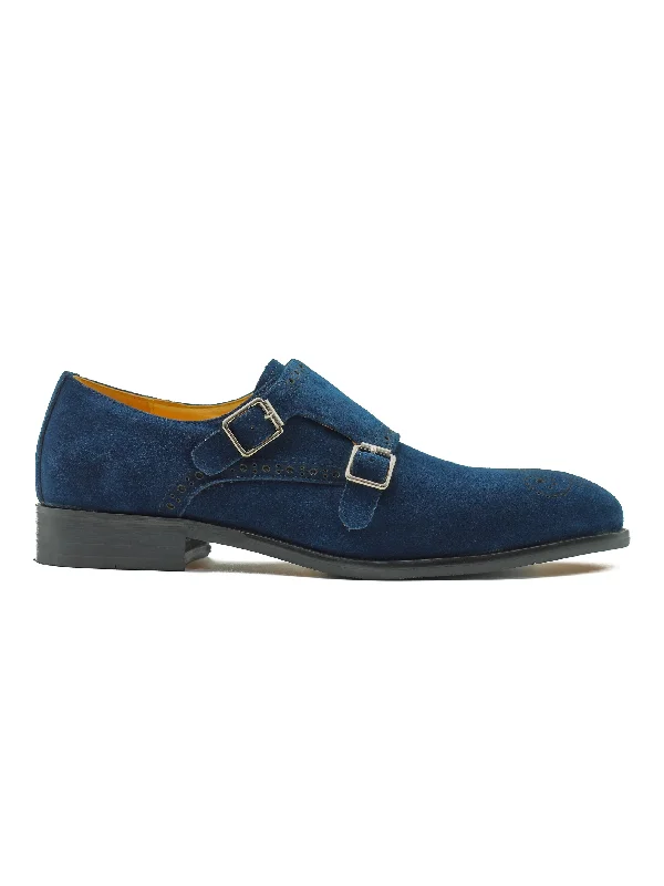 Unisex leather shoes soft white-BLUE SUEDE DOUBLE MONK SHOES