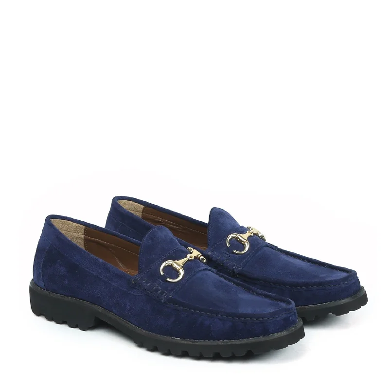 Unisex leather shoes polished black-Chunky Sole Blue Loafers in Suede Leather With Horse-bit Buckle