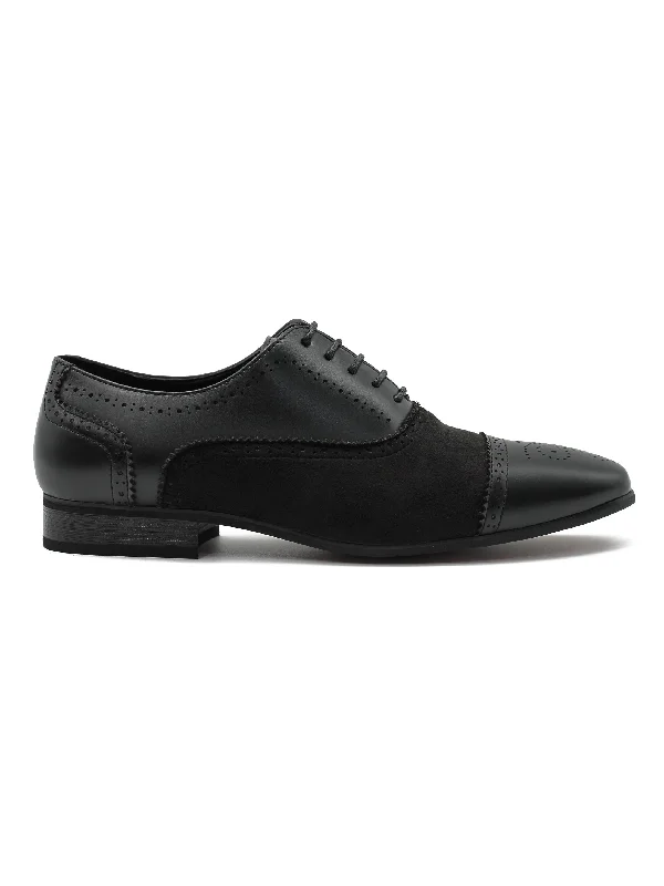 Unisex leather shoes office brown-BROGUE - BLACK SUEDE & LEATHER OXFORD LACE UP