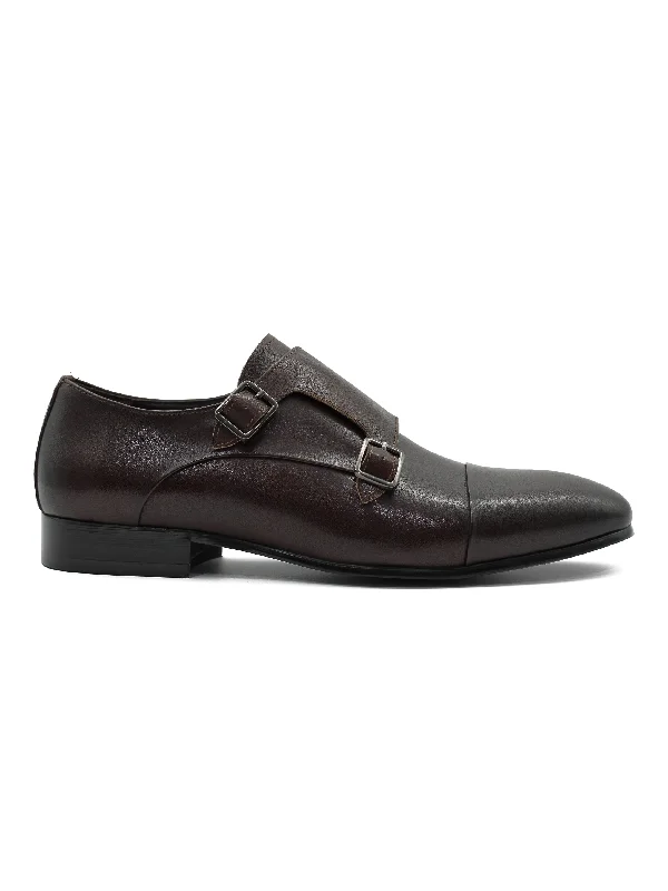 Unisex leather shoes sleek brown-BROWN LEATHER DOUBLE MONK SHOES