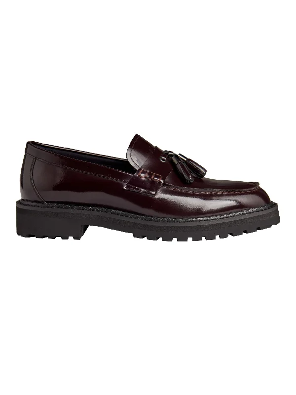 Unisex leather shoes polished black-BROWN PATENT LEATHER TASSEL LOAFERS