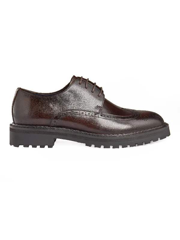 Unisex leather shoes office brown-BROWN SEMI BROGUE DERBY SHOES