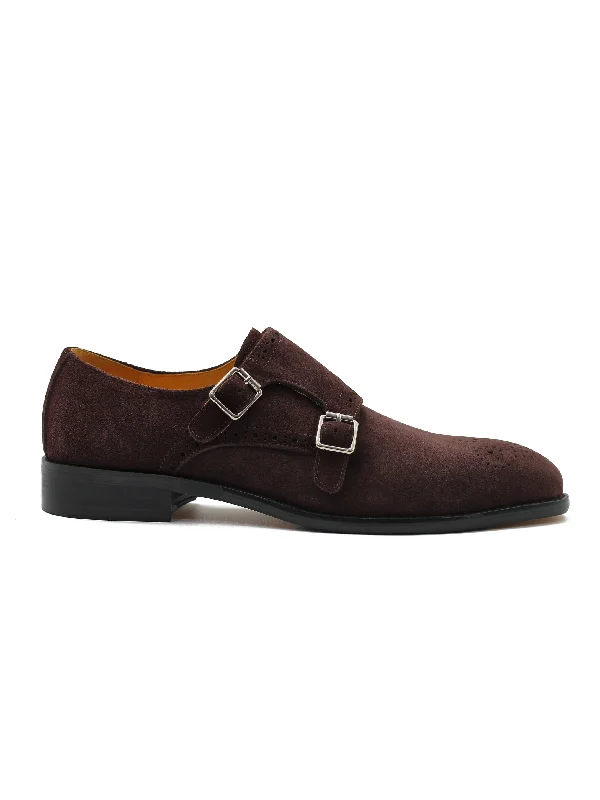 Unisex leather shoes breathable navy-BROWN SUEDE DOUBLE MONK SHOES