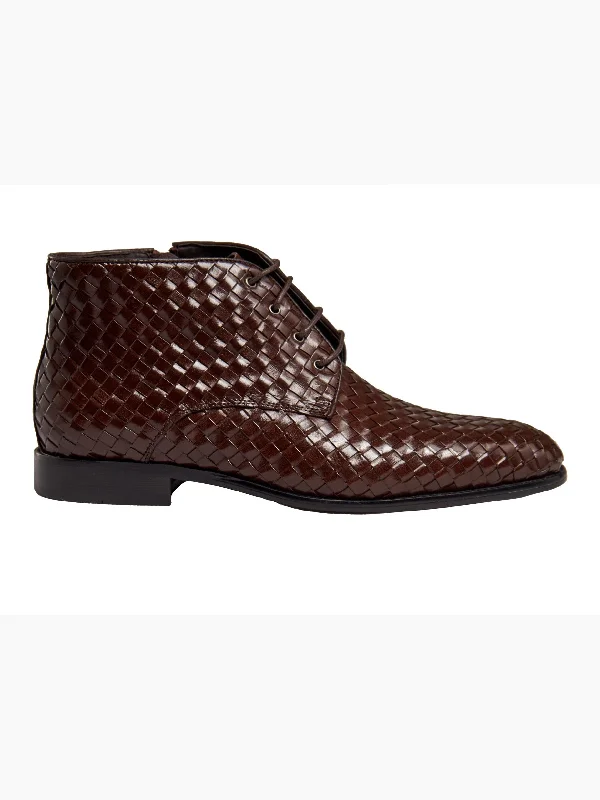 Unisex leather shoes versatile black-BROWN WOVEN LEATHER BOOTS