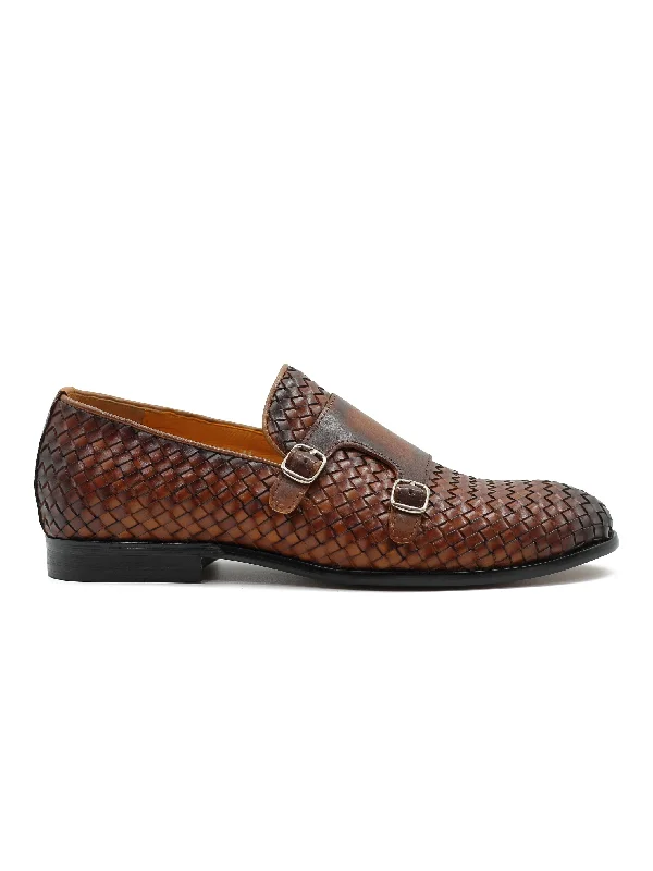 Unisex leather shoes office black-BROWN WOVEN LEATHER DOUBLE MONK SHOES