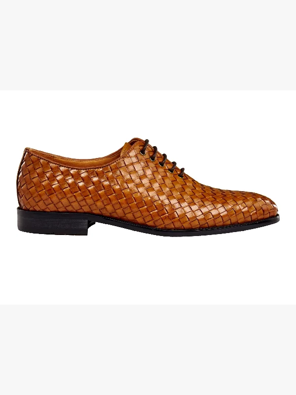 Unisex leather shoes polished tan-TAN WOVEN LEATHER OXFORDS