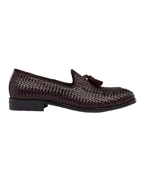 Unisex leather shoes lightweight gray-BROWN WOVEN LEATHER TASSEL LOAFER