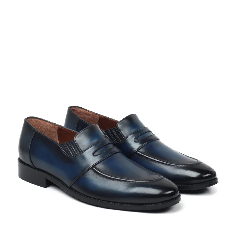 Unisex leather shoes stylish navy-Burnished Darker Blue Penny Loafers in Genuine Leather