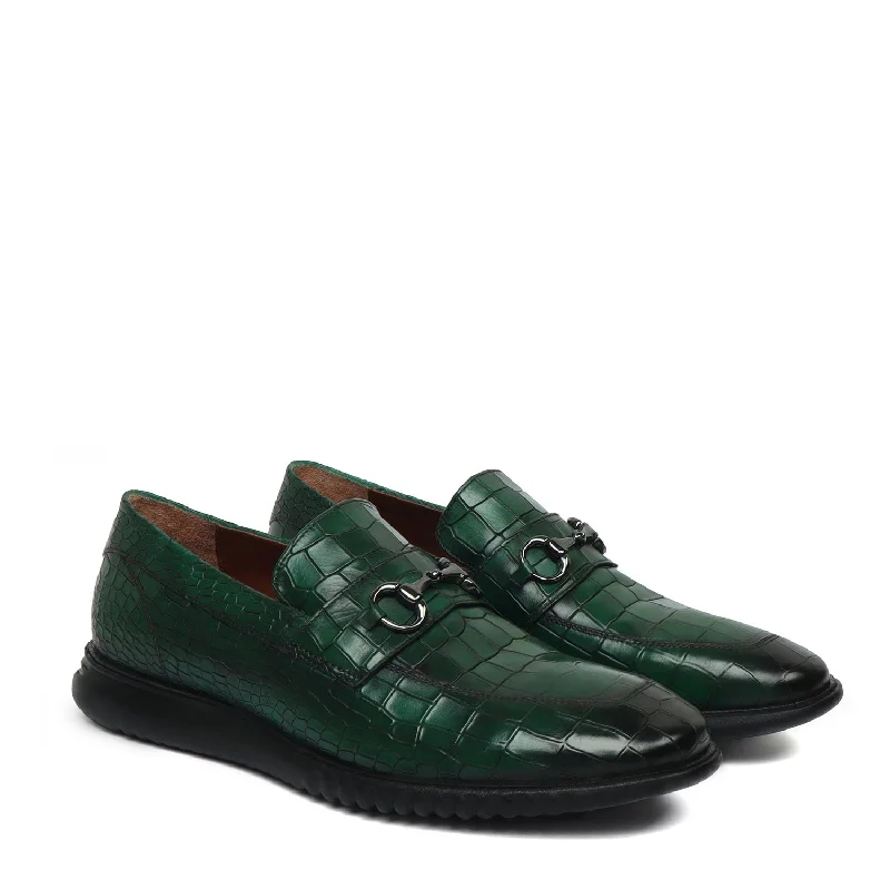 Unisex leather shoes versatile white-Burnished Green Loafer in Light Weight  Deep Cut Leather