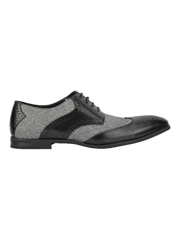 Unisex leather shoes polished navy-CLASSIC FAUX LEATHER AND TWEED BROGUE IN BLACK-GREY