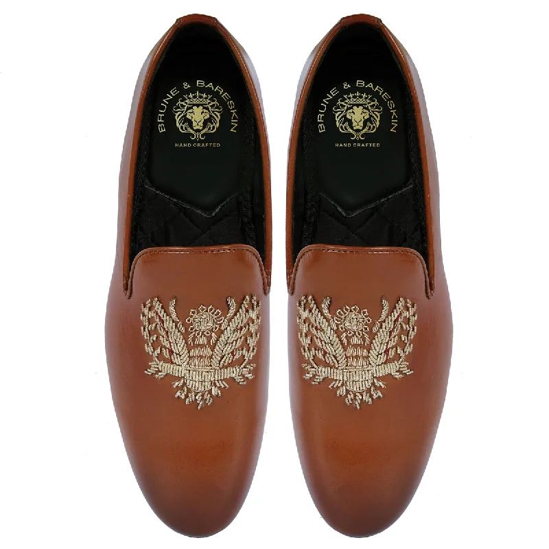 Unisex leather shoes versatile tan-Tan Genuine Leather Slip-On Shoes For Men with Eagle Crest Zardoasi