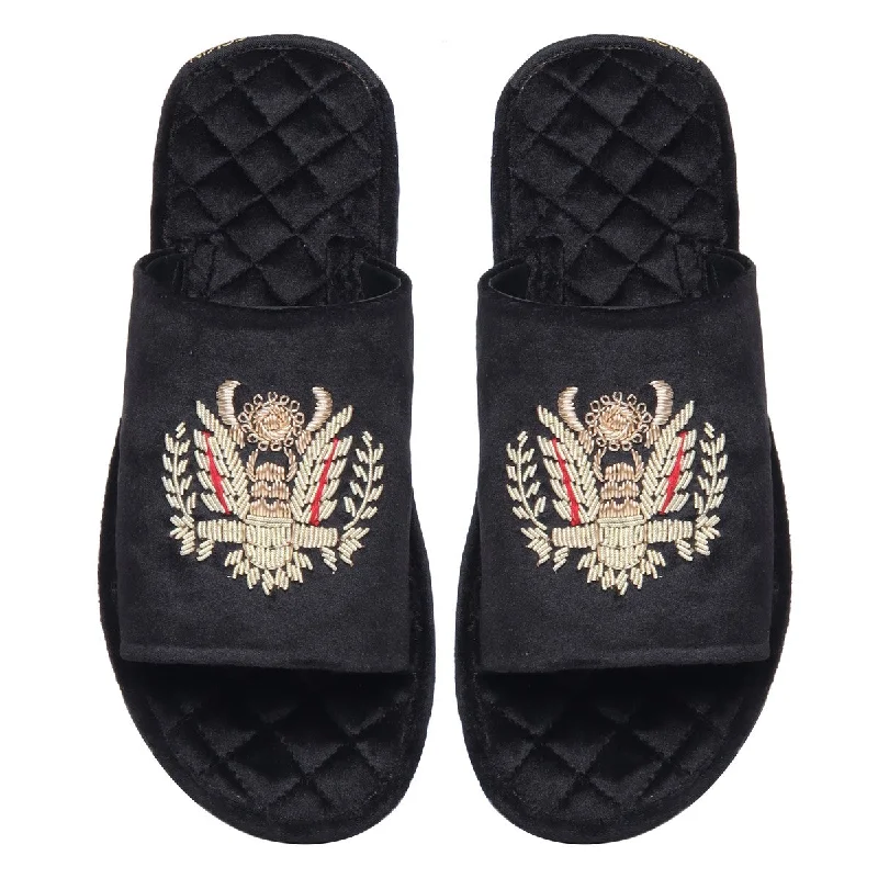 Unisex leather shoes versatile gray-Quilted Base Slide-in Slippers with Crown Eagle Zardosi on Black Velvet