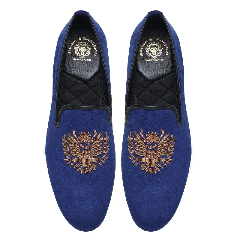 Unisex leather shoes stylish tan-Blue Velvet Slip-On with Crown Eagle Zardosi By Brune & Bareskin