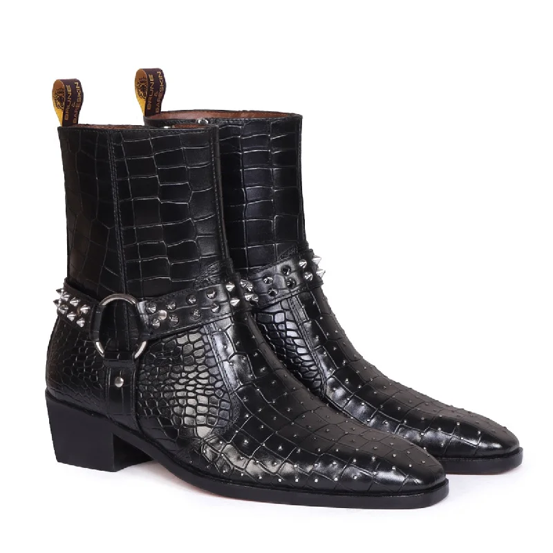 Unisex leather shoes soft leather-Black Deep Cut Leather Boots with Cuban Heel Metal Fleck & Silver Studded Buckle Strap By Brune & Bareskin