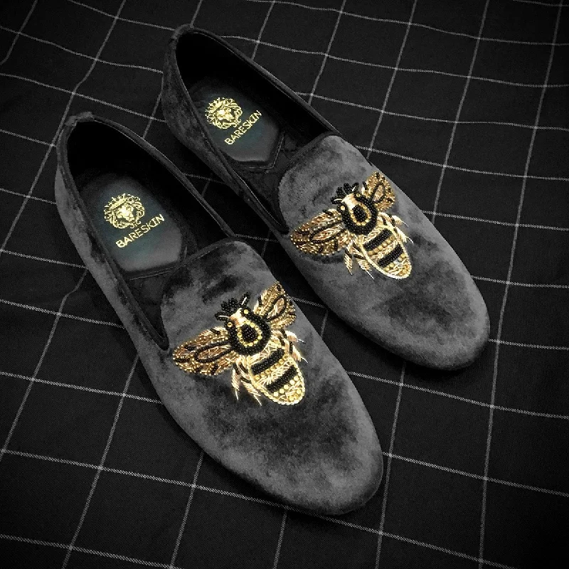 Unisex leather shoes soft cushion-Customised Honey Bee Zardosi Grey Velvet Slip-On by Brune & Bareskin